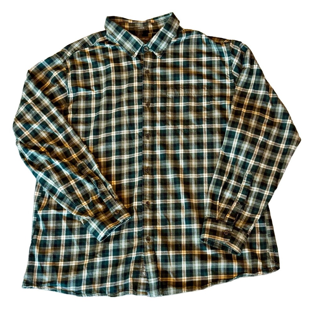 Eddie Bauer Classic Fit 2XL Green Plaid Button Front Shirt 100% Cotton